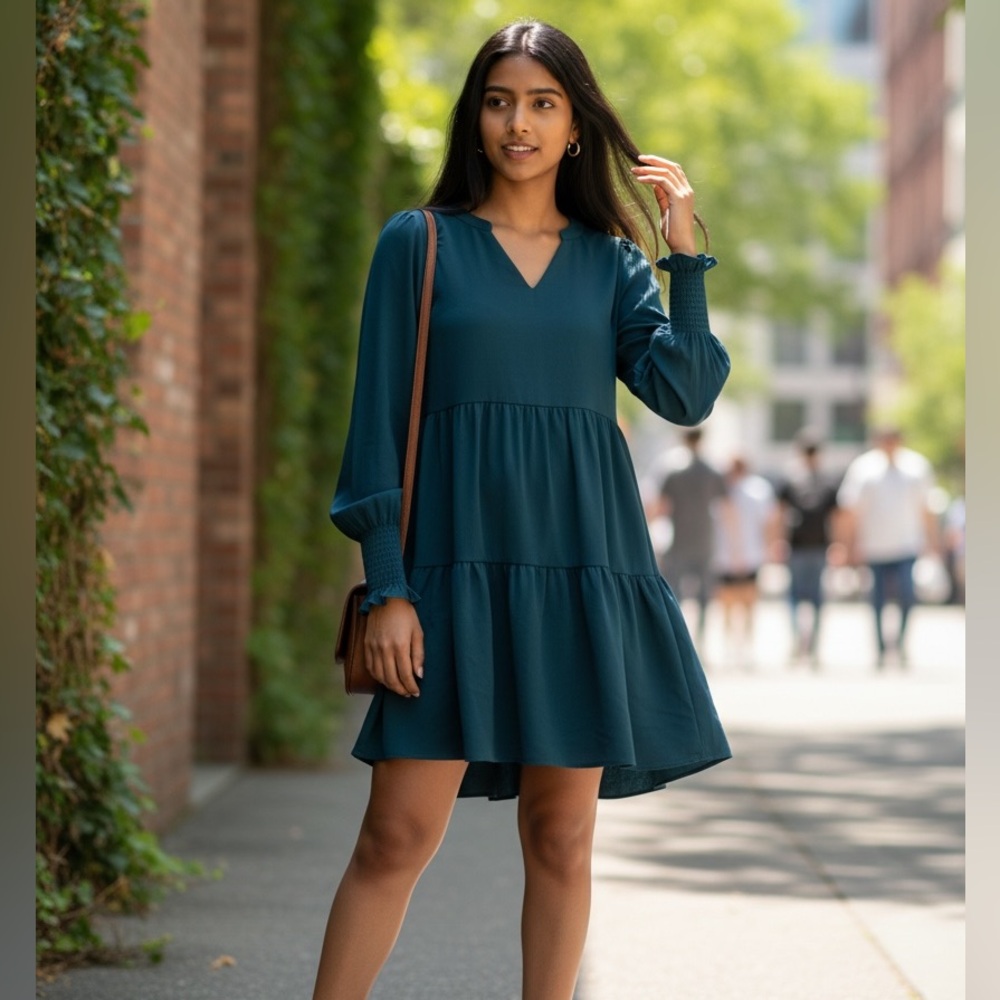 NWOT O.p.t Women’s V-Neck A line Teal Green Lantern Sleeve Smocked Mini Dress